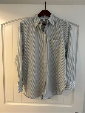Athleta White Shirt with Navy Pinstripes